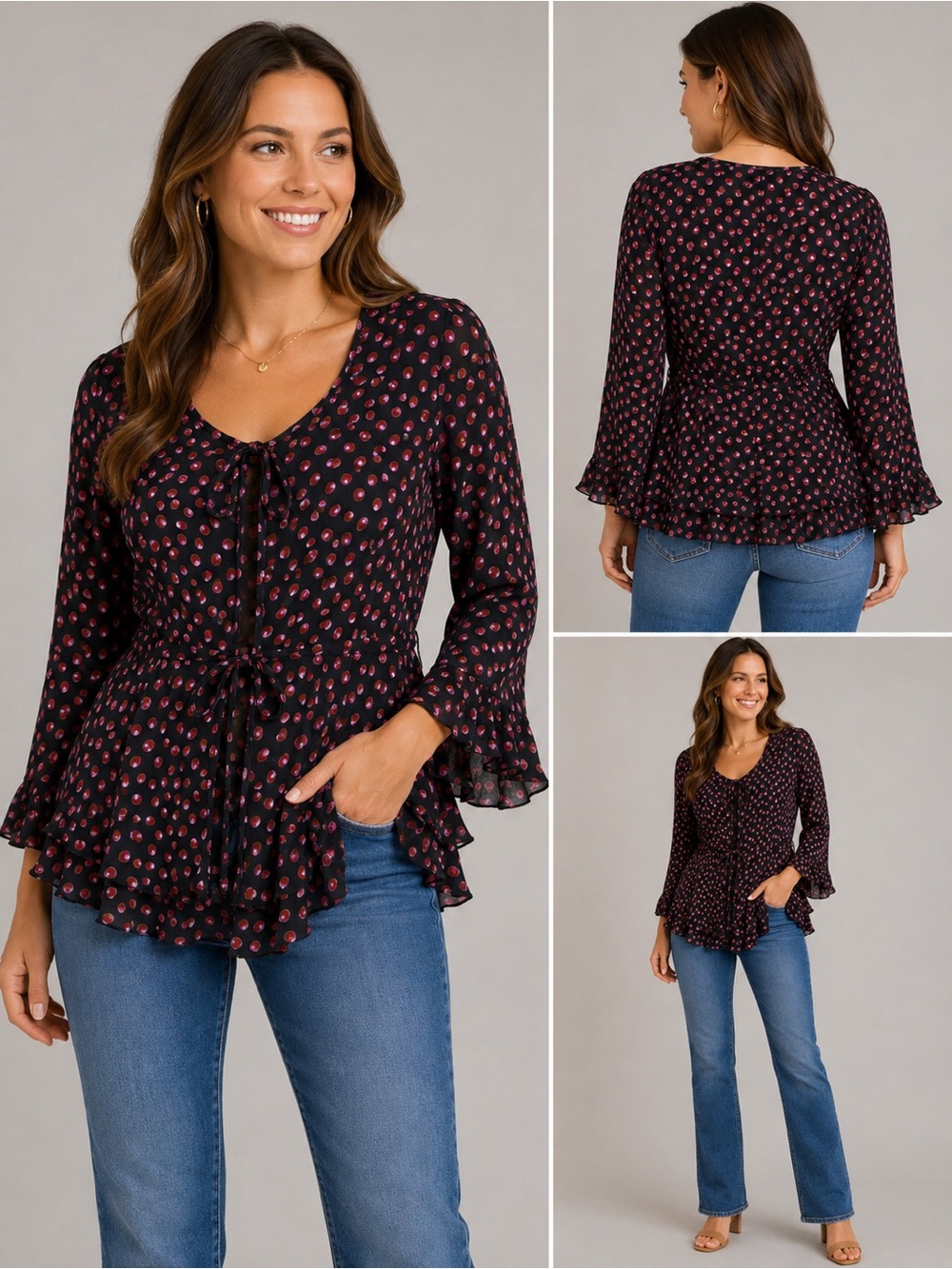 Moda Aliss Women’s 8 Black Pink Dot Peplum Blouse Ruffle Bell Sleeves